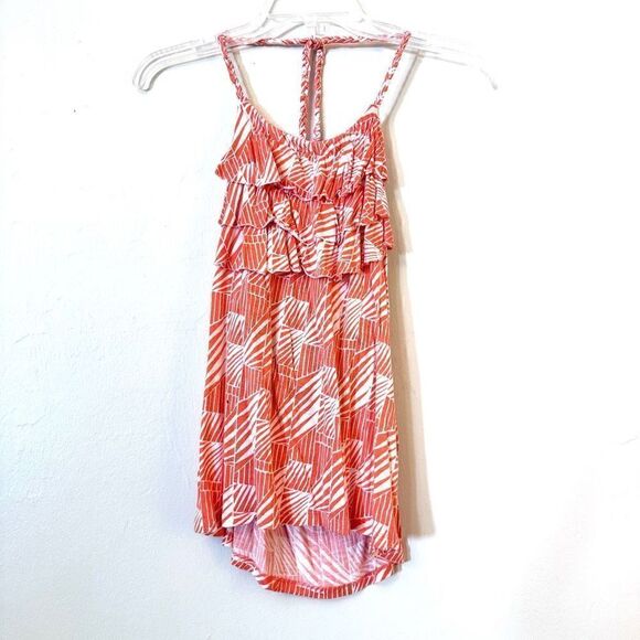 Banana Republic Patterned Ruffle Halter Rayon Tank Top Orange White XS - Picture 1 of 3